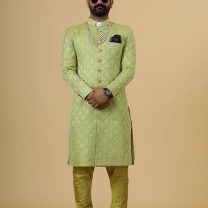 Stunning Citron Green Banarasi Brocade Achkan | Father Son Combo | Perfect for Grooms | Jaipurio Collection